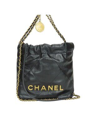 Chanel Shoulder Bag 22 Mini Shiny Calfskin Black Gold 2-Way Crossbody Chain